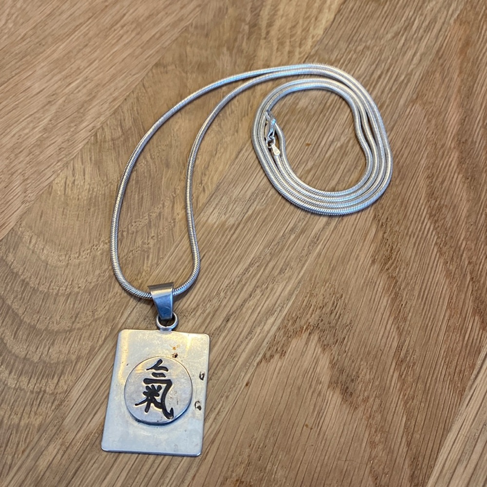 STERLING SILVER Chinese character pendent and long chain. All 925 and signed!